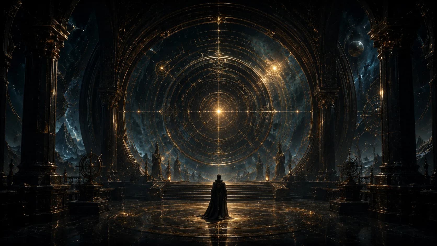 Vast temporal hall with golden circular architecture and a small figure