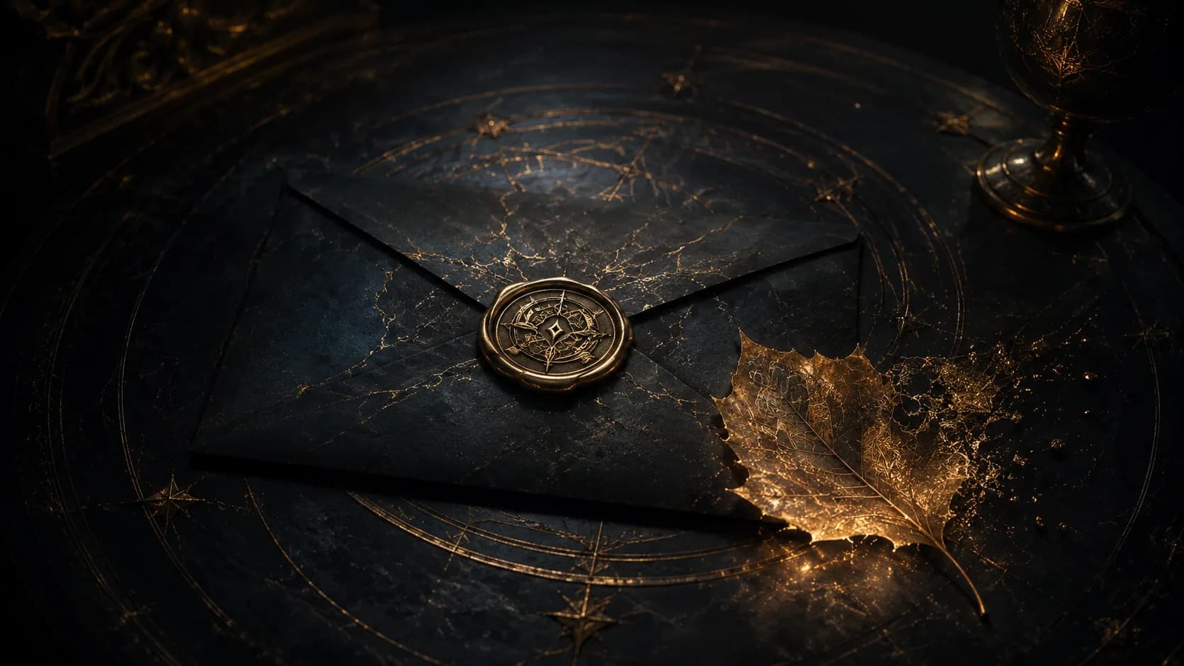Sealed black envelope with gold seal and golden leaf